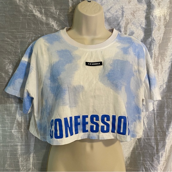 Y-R Angels crop top “CONFESSION” tie dye SZ M GUC, oversized cloud pattern - Picture 2 of 9